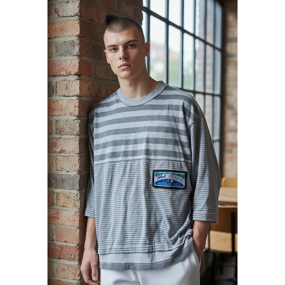 Vintage Bugle Boy Striped Oversized Grey Shirt Retro 90s Streetwear Medium